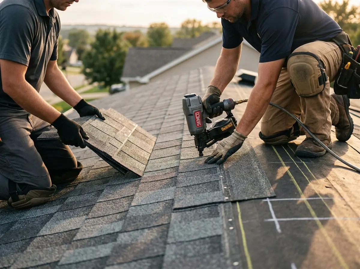 Professional roofer working on a residential roof in Horizon West